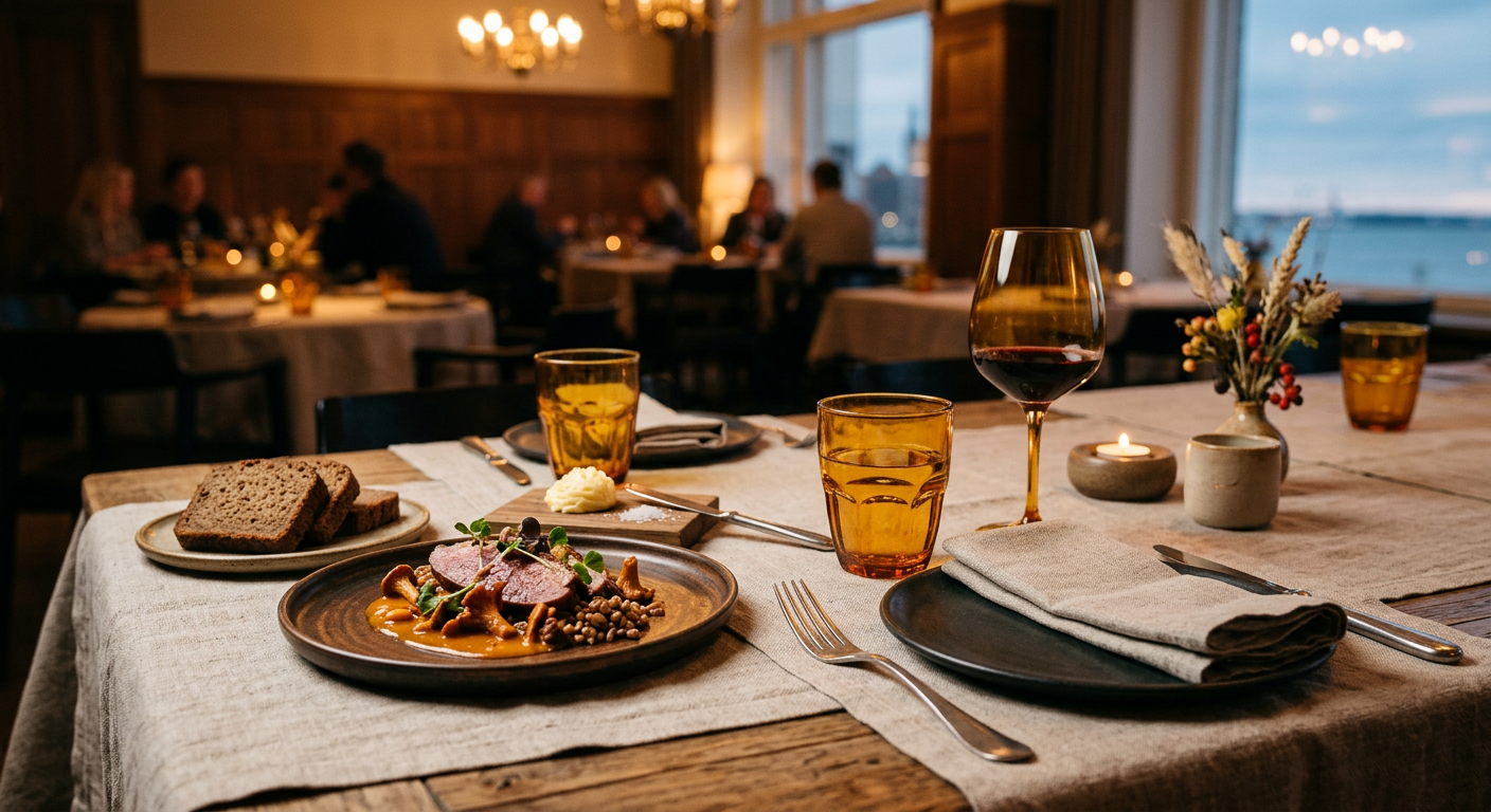 Restaurant table set with linen, ceramics and amber glassware
