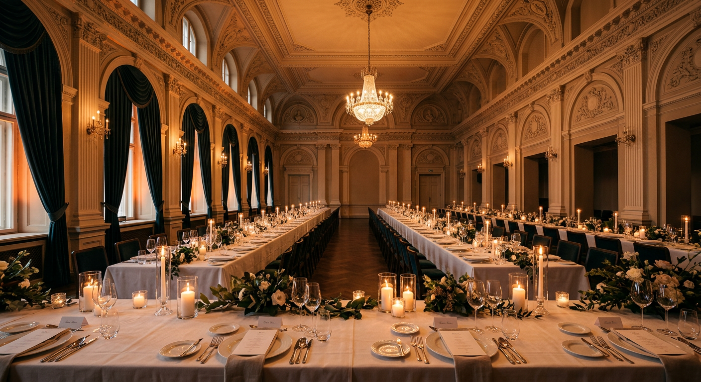 Candlelit event hall with long dining tables and blue-green drapes